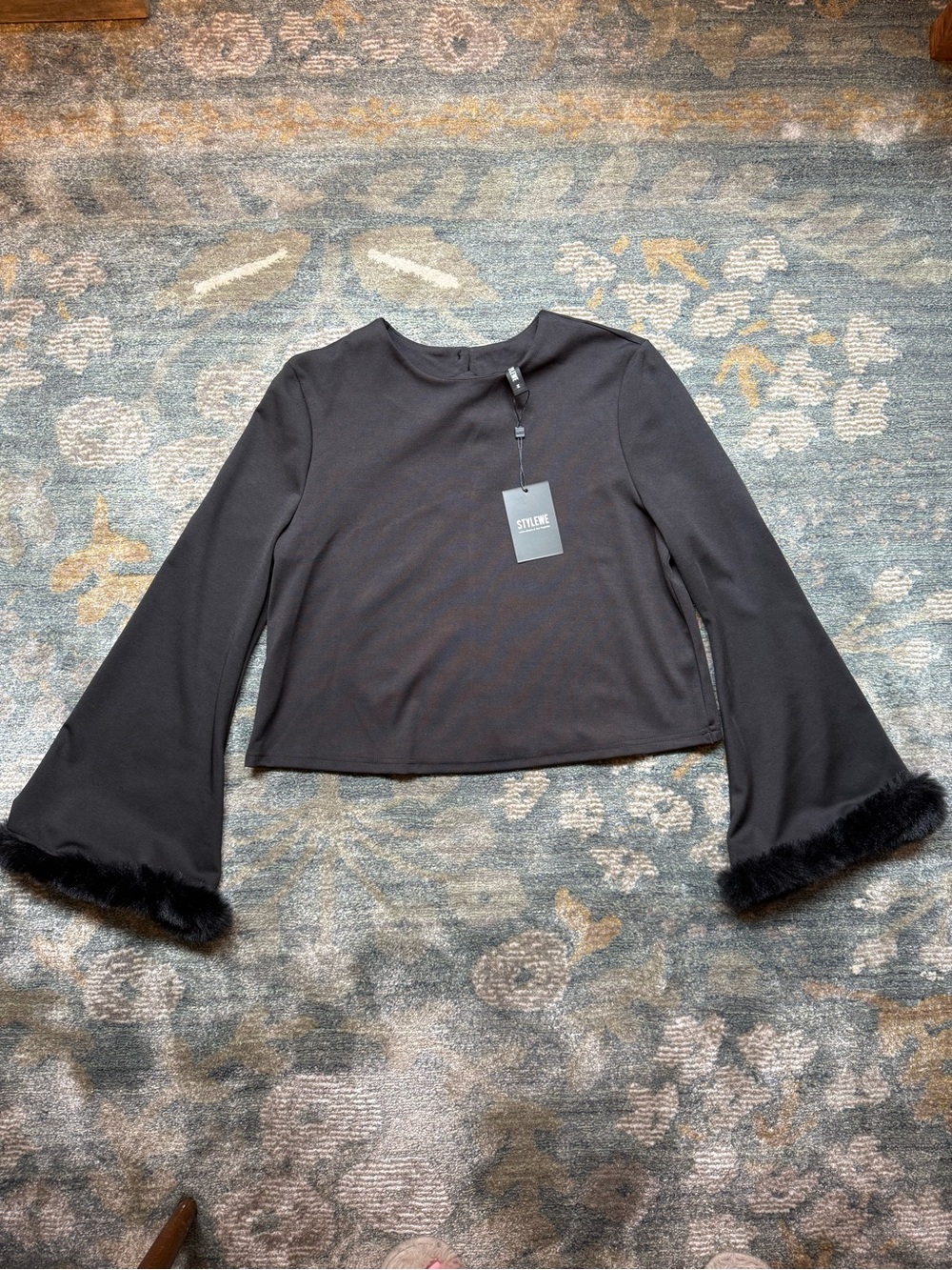 NWT Black Long Sleeve Top with Faux Fur Sleeve